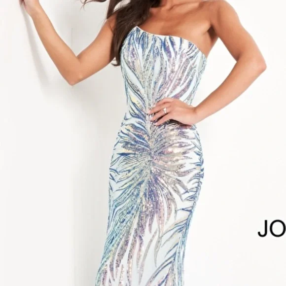 jovani iridescent blue dress Jovani 23387 - Strapless Allover Sequin Evening Gown 10 / Iridescent/White